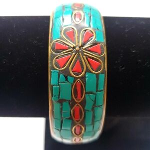 Turquoise & Coral Inlay Brass Bangle Bracelet Mosaic Floral Design Handmade